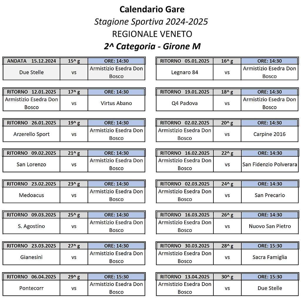 Calcio Armistizio Esedra Don Bosco Calendario Gare SS 2024-2025 VENETO 2^ Categoria Girone M Ritorno